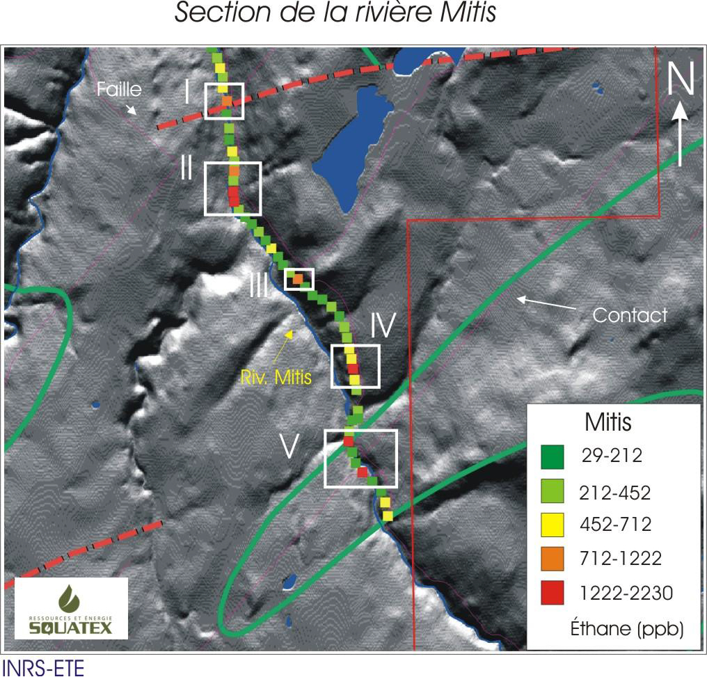 Spatial distribution of high ethane values along the Mitis River