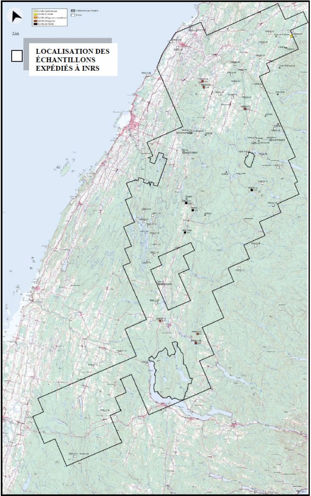 Location of samples sent to INRS in October 2010 for Ro analysis